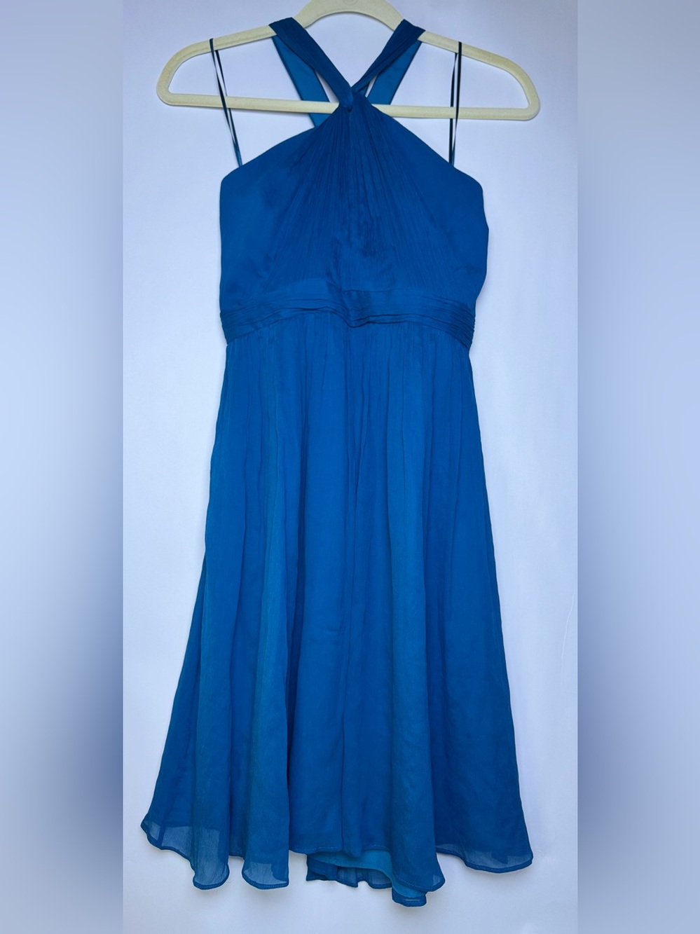 J.Crew 100% Silk Chiffon Halter Dress Size 6 Jewel Tone Teal Blue Pleated